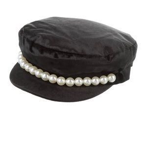 Eugenia Kim “Sabrina” Cap. Velvet marine cap with ivory pearl band. Made in USA
